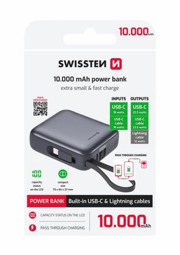 SWISSTEN POWER BANK SPACE 10000 mAh S INTEGROVANÝMI KABELY USB-C A LIGHTNING STŘÍBRNÁ - AGEMcz